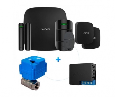 Комплект Ajax StarterKit Plus Черный + Реле Ajax WallSwitch + Шаровой кран HC 220 + 2 датчика протечки Ajax LeaksProtect