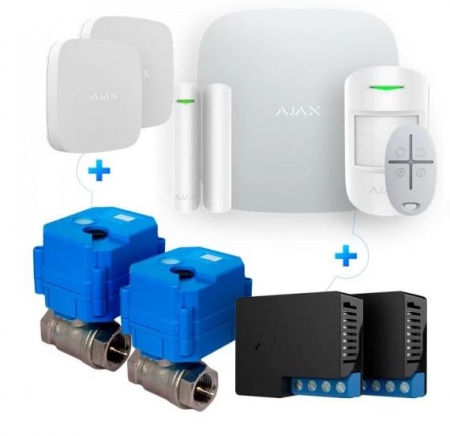 Комплект Ajax StarterKit Plus Белый + 2 реле Ajax WallSwitch + 2 шаровых крана HC 220 + 2 датчика протечки Ajax LeaksProtect
