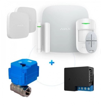 Комплект Ajax StarterKit Plus Белый + Реле Ajax WallSwitch + Шаровой кран HC 220 + 2 датчика протечки Ajax LeaksProtect